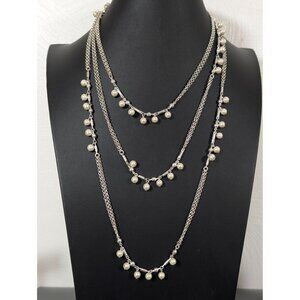 Retro Silver Tone Double Chain Faux Pearl Very Long necklace 64"